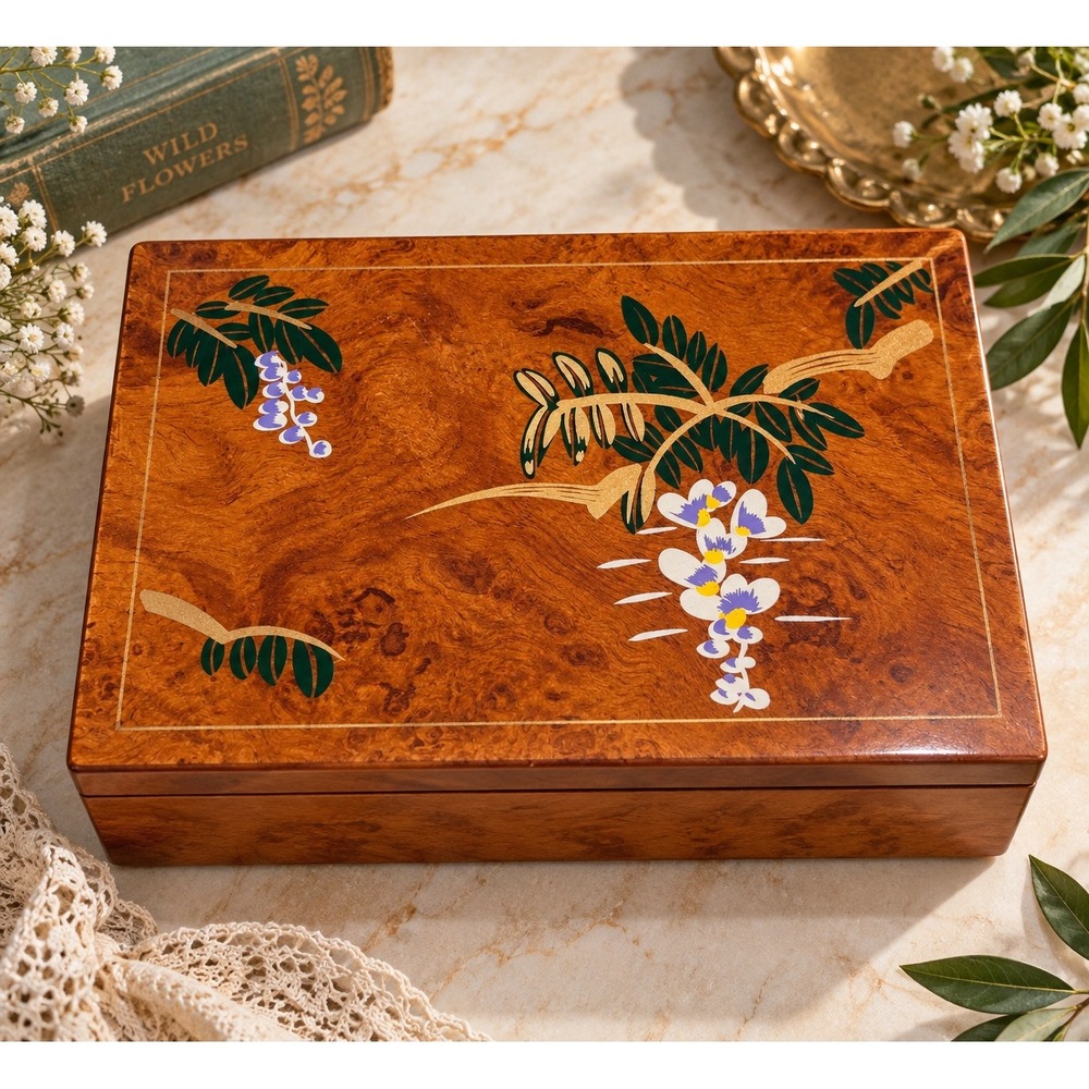 Vintage Burl Wood Jewelry Box Wisteria Floral Inlay Mirror Ring Roll 7 Inch